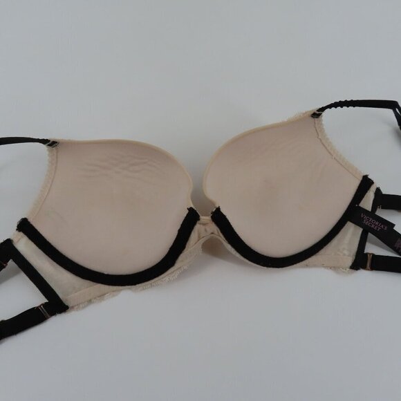 Victorias Secret 32D Very Sexy Push Up Bra Cream Lace Black Padded Underwire - Picture 8 of 16